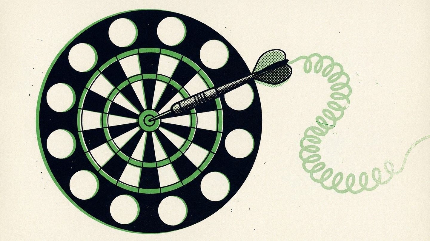 A screen-printed dartboard whose outer ring is the finger-hole ring of a rotary telephone dial, with a dart in the bullseye trailing a coiled phone cord.